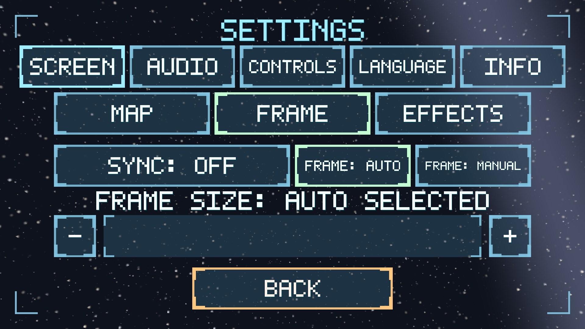 Screen settings - the FRAME page